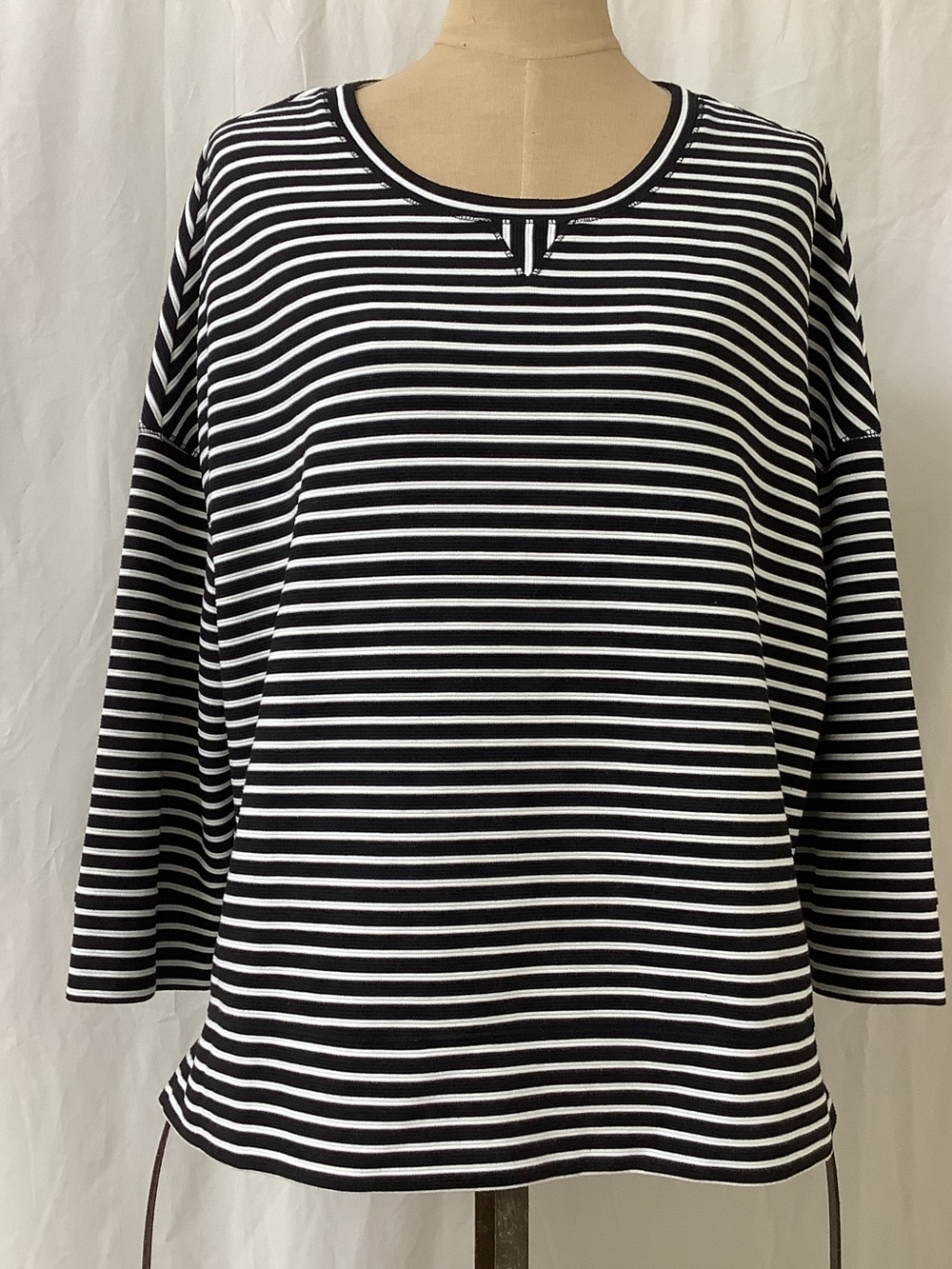 Lou & Grey Pullover Shirt Top-Black with White Stripes-Poly Blend-3/4 Sleeves-XL